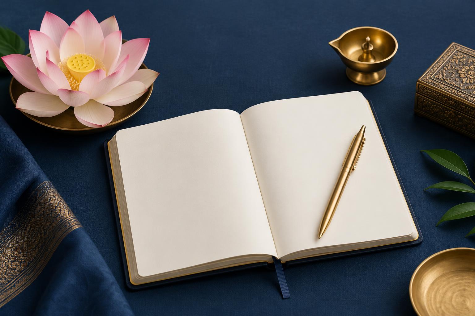 Inner Compass Premium reflection image: an open journal, gold pen, pink lotus and brass diya